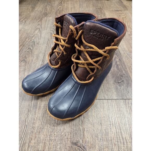 Sperry Saltwater 5.5M Brown Leather and Navy Duck Rain Winter Boots STS91175 - Picture 1 of 9